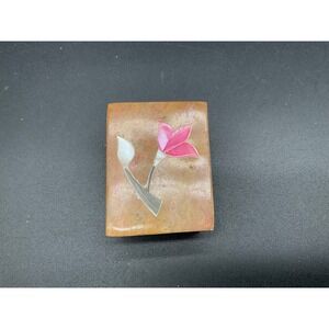 Vintage Stone Trinket Box Floral Inlay Small Carved‎ Square Lidded Soapstone